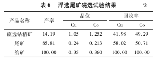 浮選尾礦磁選試驗結(jié)果